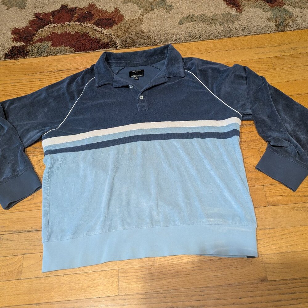 Todd Snyder Navy White & Blue Terry Long Sleeve Shirt / Polo | XL
